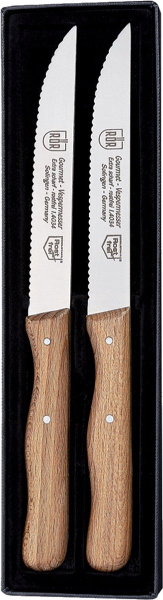 RÖR Solingen Steakmes – Vespermes – Gekarteld – RVS – Beukenhout – 2 delig
