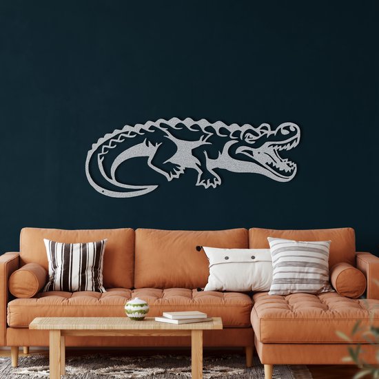 Wanddecoratie | Krokodil / Crocodile| Metal - Wall Art | Muurdecoratie | Woonkamer | Buiten Decor |Zilver| 43x100cm