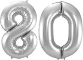 Ballon Cijfer 80 Jaar Zilver Helium Ballonnen Verjaardag Versiering Cijfer Ballon Feest Versiering Met Rietje - 86Cm