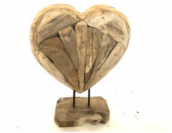 Beeld - houten hart H50  - op standaard - teak wortel