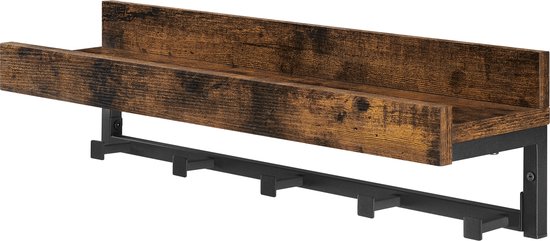 IN.HOMEXL - Marc - Kapstok met Plank- Retro Kapstok voor Kledinghangers, Industrieel, Vintage Bruin met Zwarte Haken - 60x15x16cm 5 Haken