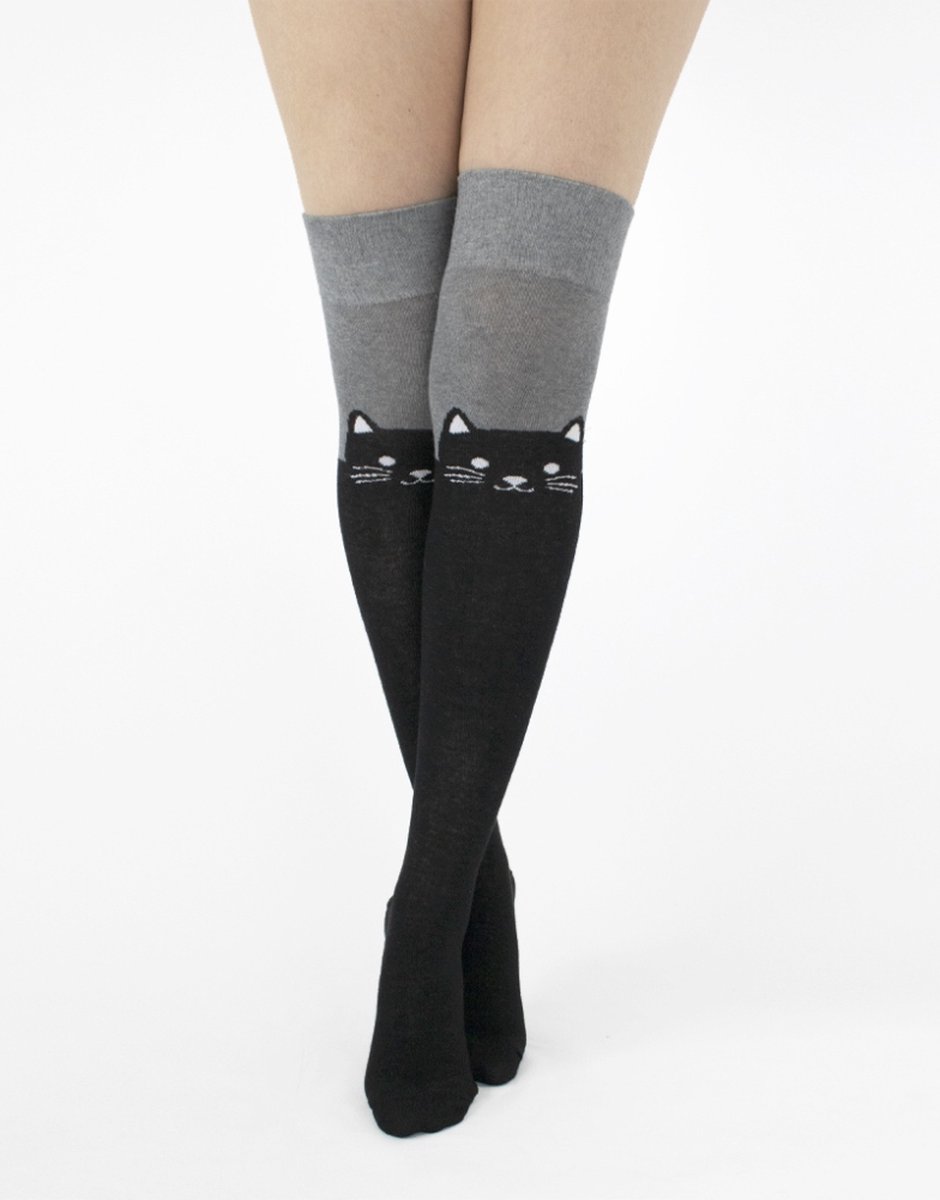 Pamela Mann - Cat With Tail Overknee sokken - Zwart/Grijs