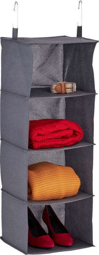 Relaxdays hangende kast organizer 4 vakken - stoffen kledingkast opbergsysteem - schoenen - grijs