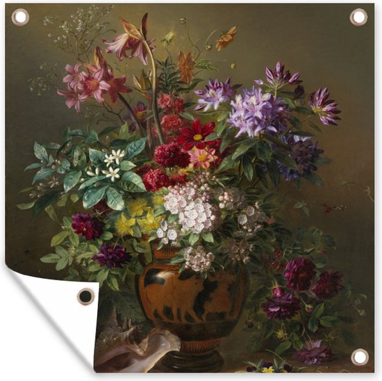 Tuinposters Stilleven met bloemen in een Griekse vaas: Alrie op de lente - Schilderij van G.J.J Van Os - 50x50 cm - Tuindoek - Buitenposter