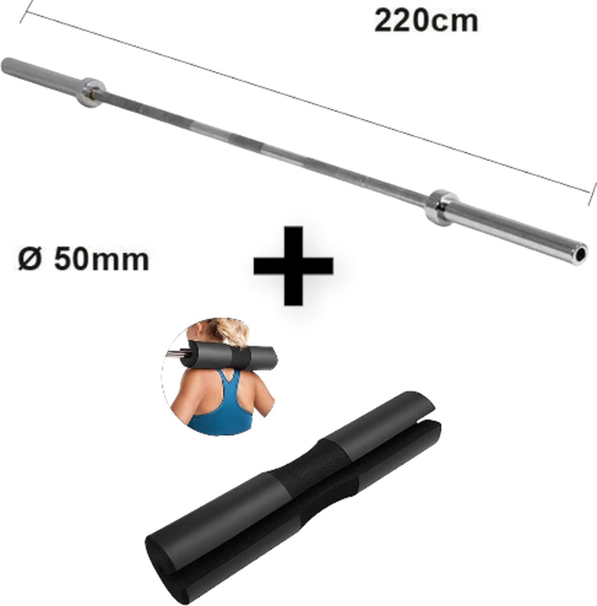 Halterstang met nekbeschermer - fitness - 220 cm - 20 kg - halterstang 50 mm - olympische halterstang - barbell pad - nekbeschermer