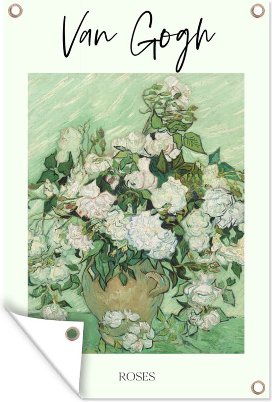 Tuinposter 40x60 cm - Tuindecoratie Kunst - Van Gogh - Roses - Poster voor in de tuin - Buiten decoratie - Schutting tuinschilderij - Tuindoek muurdecoratie - Wanddecoratie balkondoek