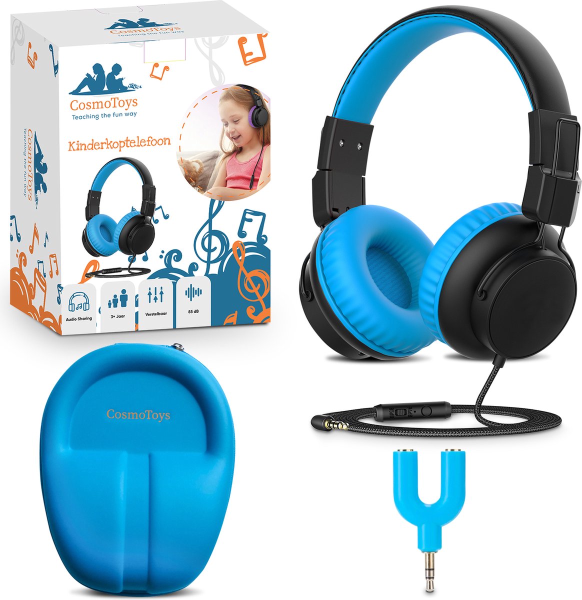CosmoToys® Koptelefoon Kinderen – Incl. Opbergcase - Kinderkoptelefoon – Kinder Hoofdtelefoon - On-Ear Koptelefoon – Geluidsdempend - Blauw