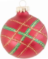 Rode Kerstballen met Klassiek Glitter Ruitjesdesign - doosje van 4 kerstballen van 7 cm