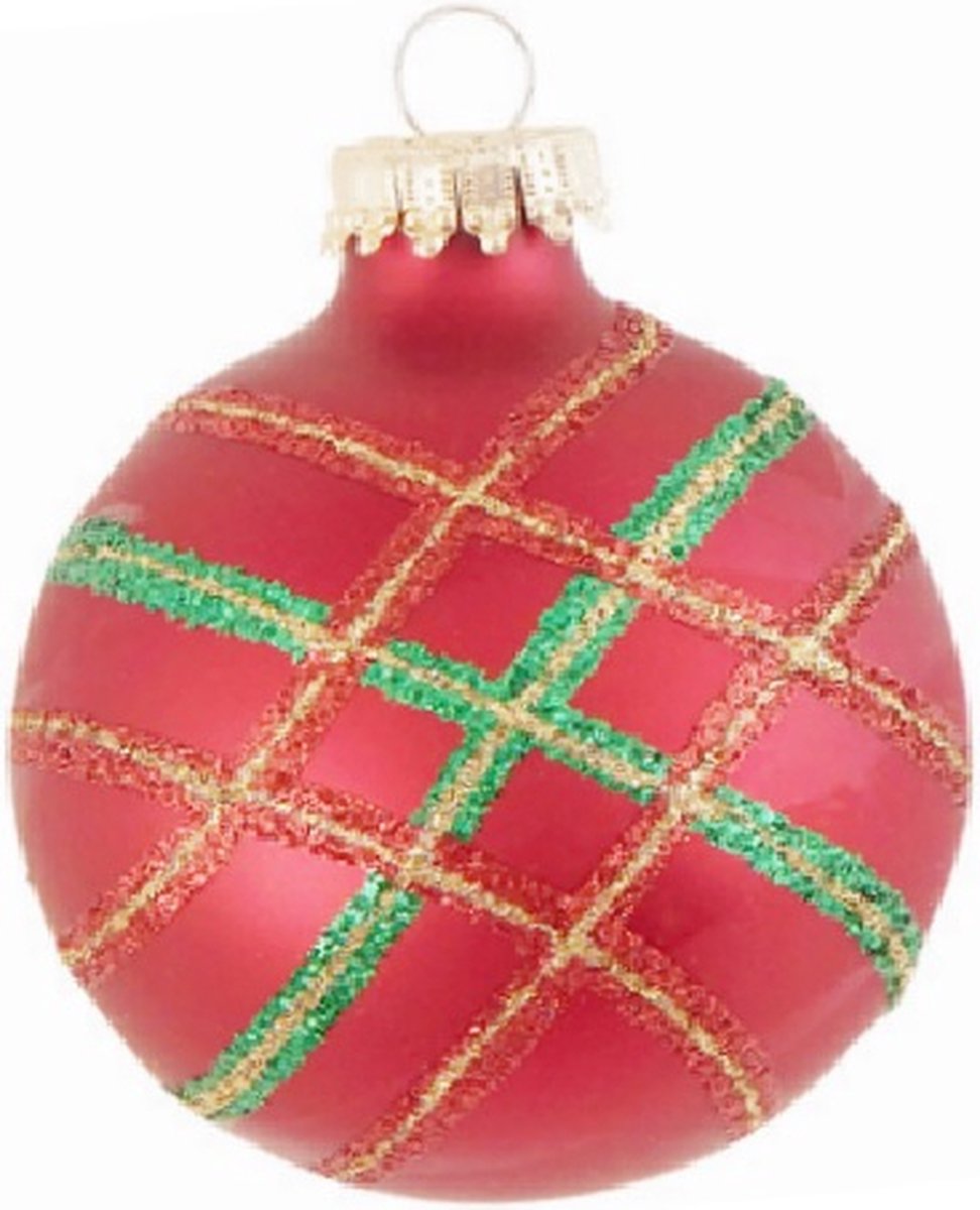 Rode Kerstballen met Klassiek Glitter Ruitjesdesign doosje van 4