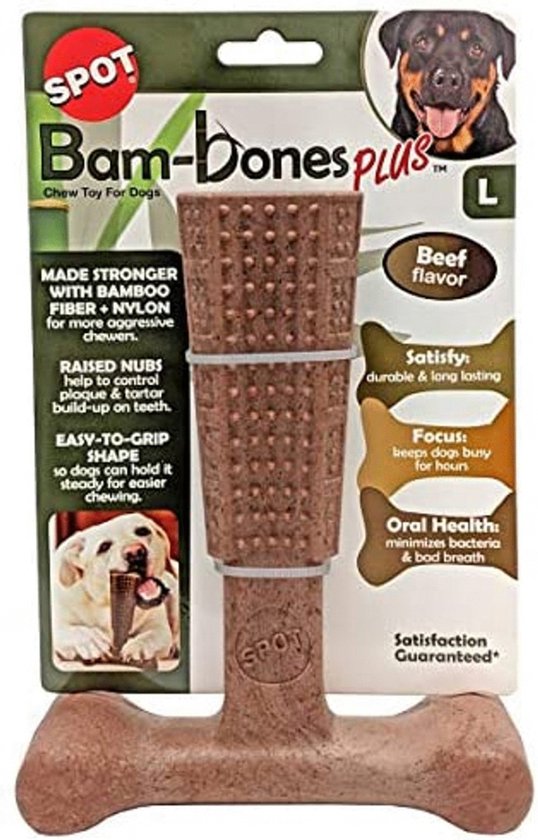 Spot Bam-Bones Plus Easy Grip - Veilig Kauwbot voor Honden - Speciaal voor Sterke Kauwers - Verzorgt het Gebit van de Hond - Rund of Kip - S/M/L - Maat: Large, Smaak: Rund