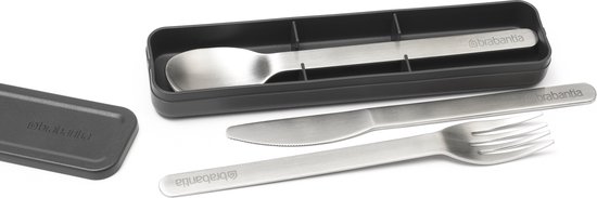 Set de couverts Brabantia en acier inoxydable avec cuillère, fourchette et couteau dans un étui de rangement gris foncé.