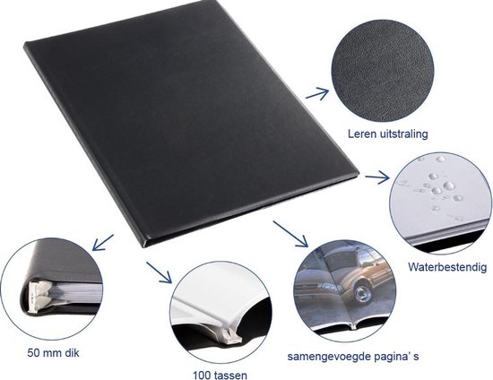 Zwart album met uitklapbare details: textuur, waterbestendigheid, 100 vakken, 50mm dik.