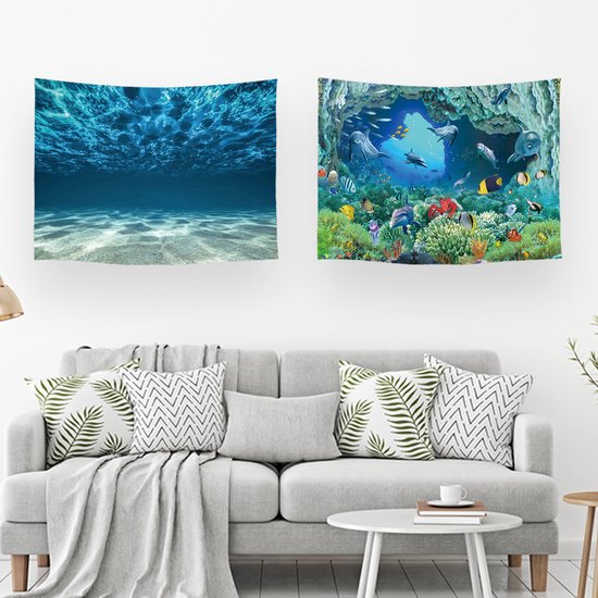Ulticool – Wandkleed - Oceaan Zee Stilte Rust Duiken Aquarium Strand - Set van 2 designs - 73 cm x 95 cm – Schilderij Wandtapijt Stof – Poster Art – Blauw