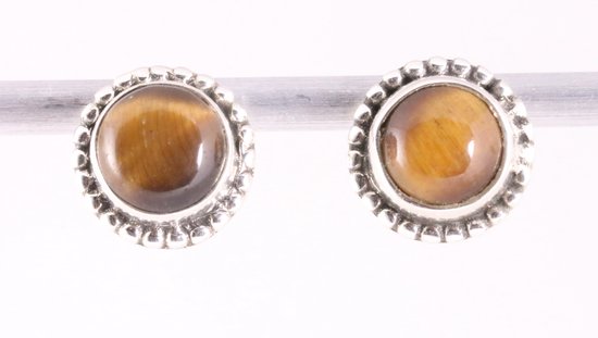 Fijne bewerkte ronde zilveren oorstekers met tijgeroog
