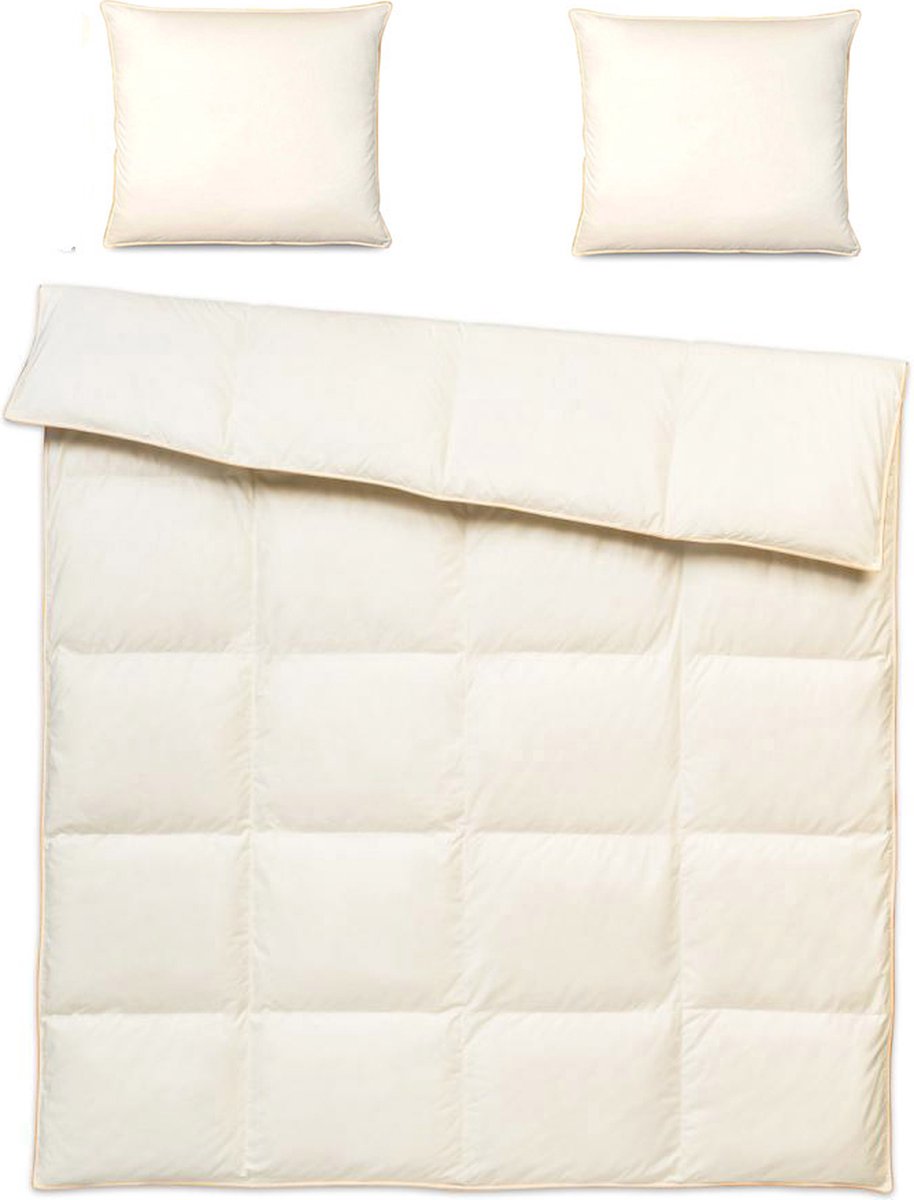 Donzen Dekbed 220x200cm – 2.5kg Dons Vulling - 2 Persoons Ganzendons Dekbed – 100% Katoenen Tijk - Satijnen Bies – Kleur Crème –Herfst/Winter Seizoen + 2 Kussens 70x80mm 2kg Vulling