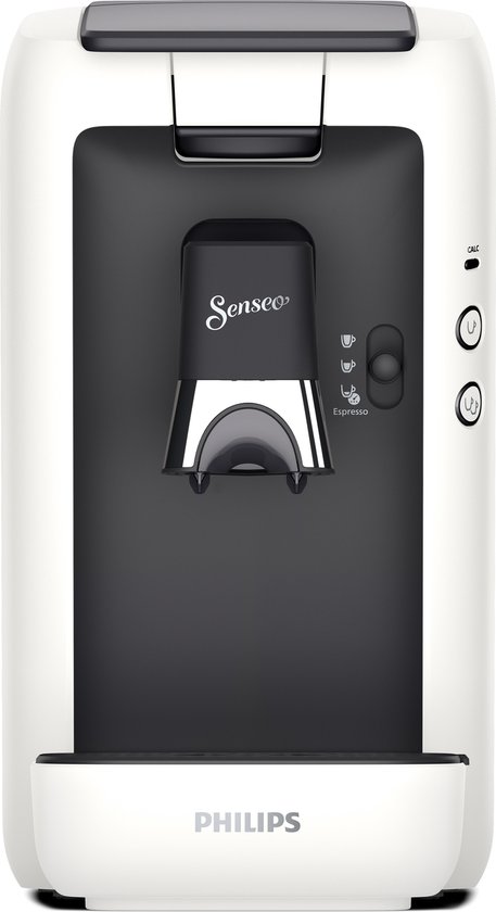 Witte Senseo Maestro koffiemachine met donkergrijs bedieningspaneel.