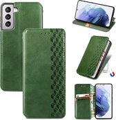 Luxe PU Lederen Ruitpatroon Wallet Case + PMMA Screenprotector voor Galaxy S22 Plus_ Groen