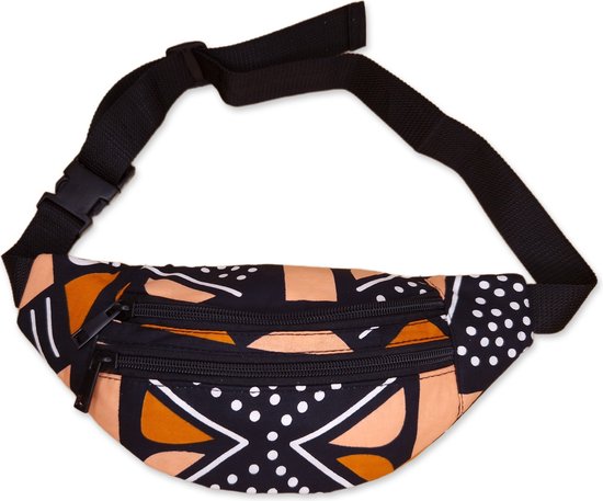 Afrikaanse print heuptasje / Fanny pack - Zwart oranje bogolan - Bum bag / Festival tasje met verstelbare band