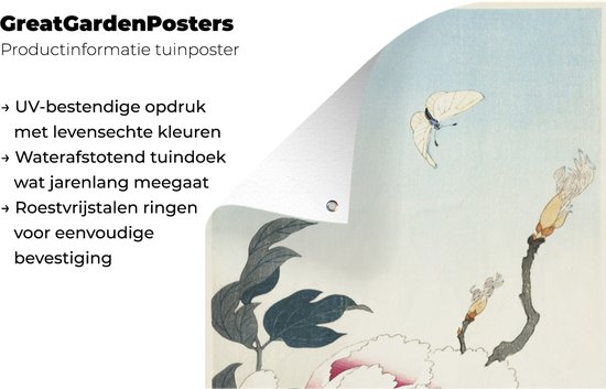 Affiche de jardin Pivoine avec papillon - peinture de Ohara Koson - 30x60 cm - Toile jardin