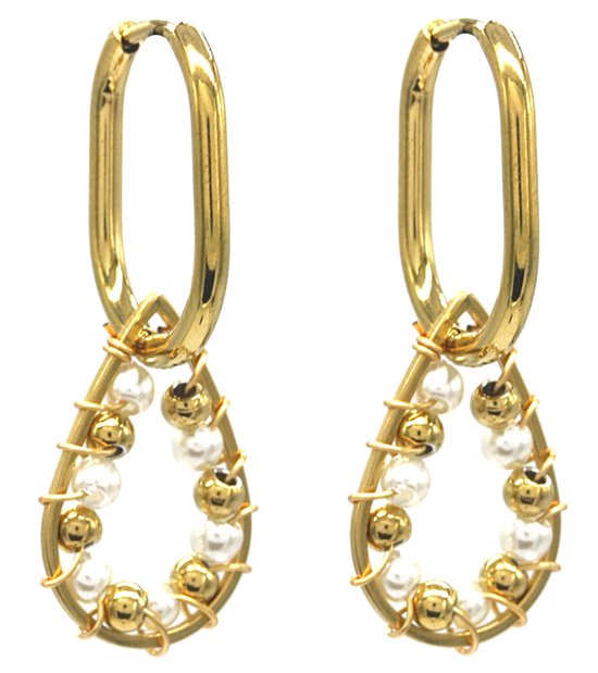 Boucles d'oreilles d'Oreilles - Perles de Verre Gouttes - Boucles d'oreilles d'Oreilles - Acier Inoxydable - 4 cm - Doré