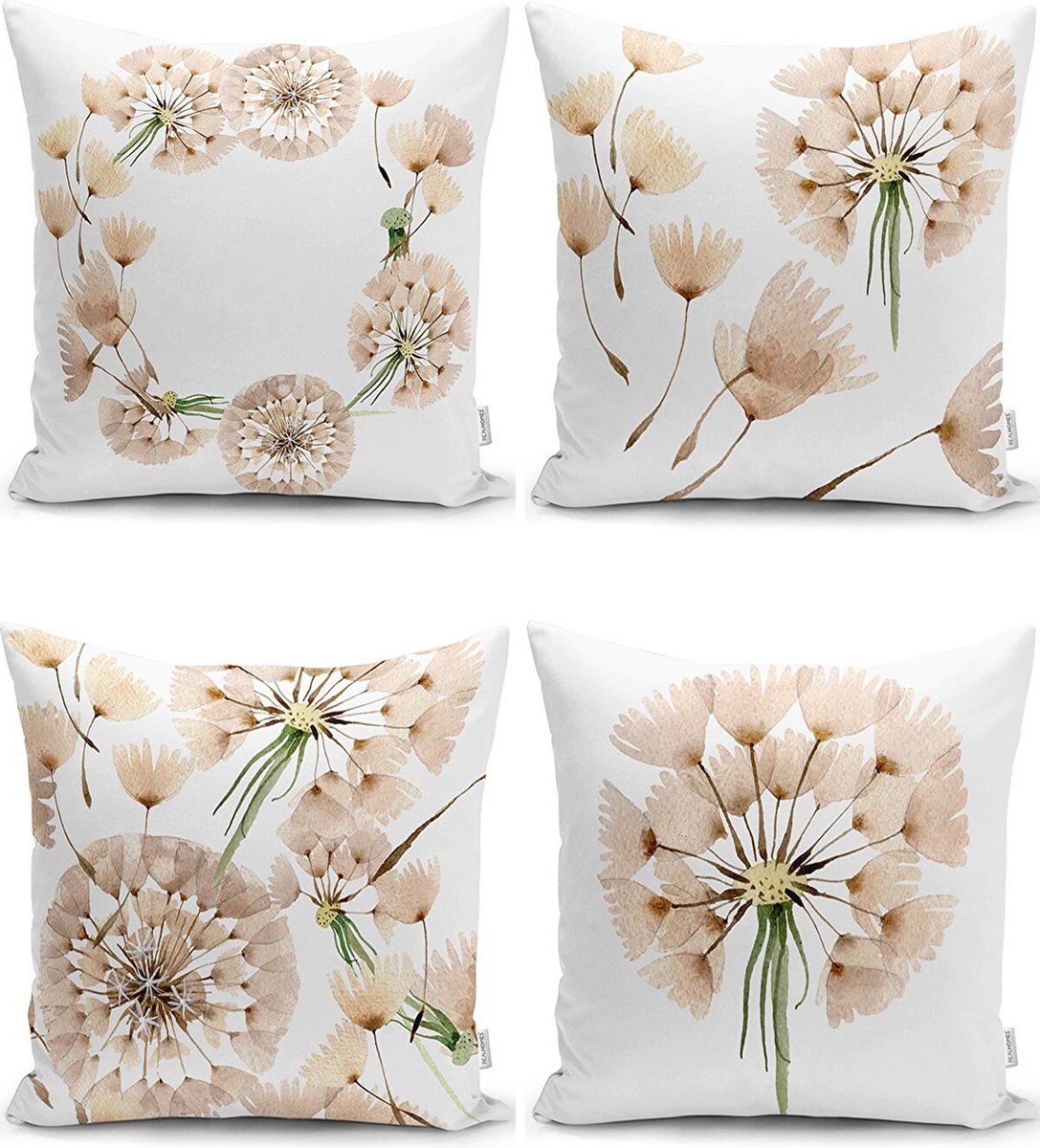 Sierkussens set van 4 stuks - INCLUSIEF BINNENKUSSENS 45x45 cm - paardenbloem - lichtbruin