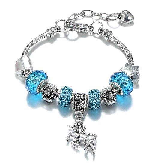 Treasure Trove Bracelet à breloques Licorne Coeur Blauw - Fille - Ajustable 14-19 cm