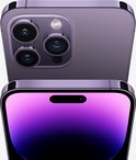 Paarse iPhone 14 Pro, de achterkant met drie camera's en de voorkant met dynamisch eiland.