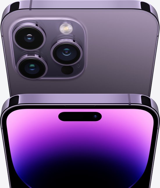 Paarse iPhone 14 Pro, de achterkant met drie camera's en de voorkant met dynamisch eiland.
