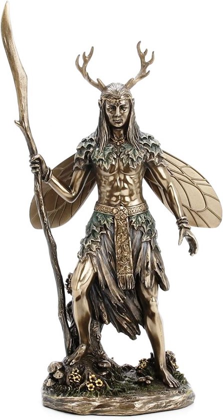 Keltische gevleugelde Druïde Elf met Gewei en Staf - Veronese Design - (hxbxdx) ca. 26cm x 14cm x 8cm
