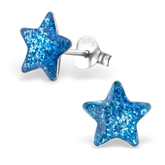Joy|S - Zilveren blauwe ster oorbellen - 9 mm - met glitter