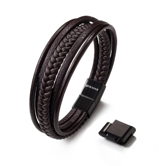 SERASAR Bracelet Homme [Braid], Marron 21cm, Fermoir Magnétique en Acier Inoxydable