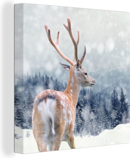 Canvas Schilderij Winter - Hert - Dieren - 50x50 cm - Wanddecoratie