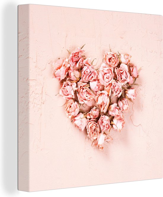 Canvas Schilderij Hart - Bloemen - Roze - 50x50 cm - Wanddecoratie