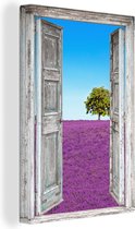 Canvas Schilderij Bloemen - Lavendel - Doorkijk - 20x30 cm - Wanddecoratie