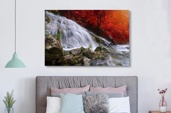 Toile Peinture Cascade - Rochers - Water - Automne - 180x120 cm - Décoration murale XXL