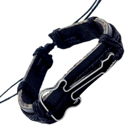 Rhylane – Armband Met Gitaar– Leder en Touw – 17.5 + 14 cm - Zwart met Zwart