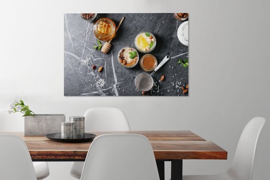 Canvas Schilderij Honing - Specerijen - Keuken - Marmer - 60x40 cm - Wanddecoratie