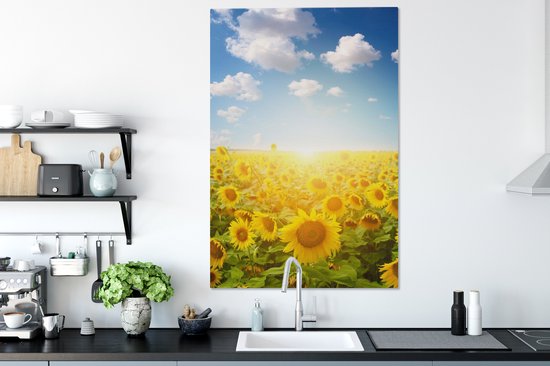 Canvas Schilderij Zonnebloem - Zon - Wolken - 80x120 cm - Wanddecoratie