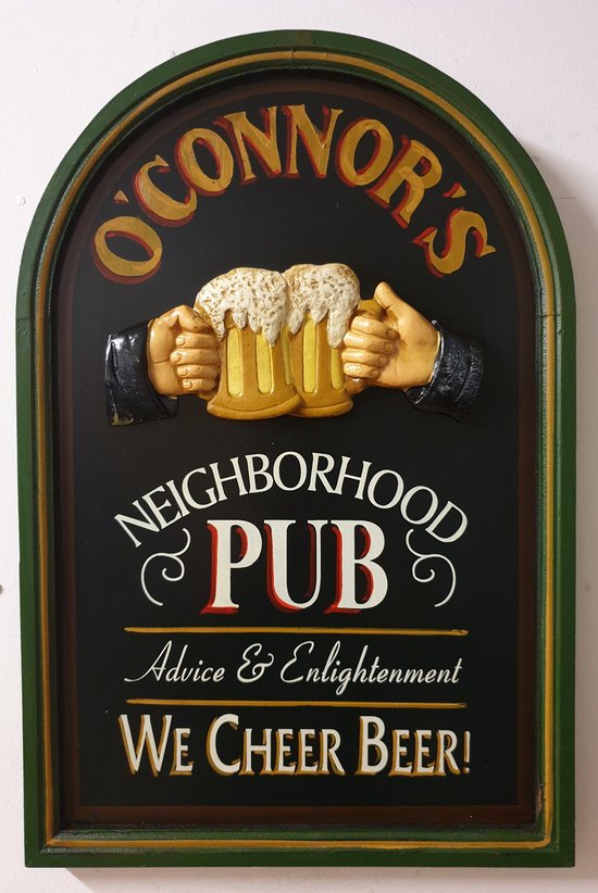 Foto: O connor s pub cheer beer pubbord van hout wandbord muurplaat vintage wandpaneel schilderij retro horeca bord wanddecoratie tekstbord decoratiebord pubsign nostalgie cafe bar mancave kroeg man cave