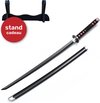 foto van Demon slayer Katana - 104cm - Katana zwaard - Incl. standaard - Samurai - Ninja - Anime - zwaard - Hout - Zwaard houder - Katana houder - Zenitsu - Tanjiro - Kamado - Nichirin Sword - Box set