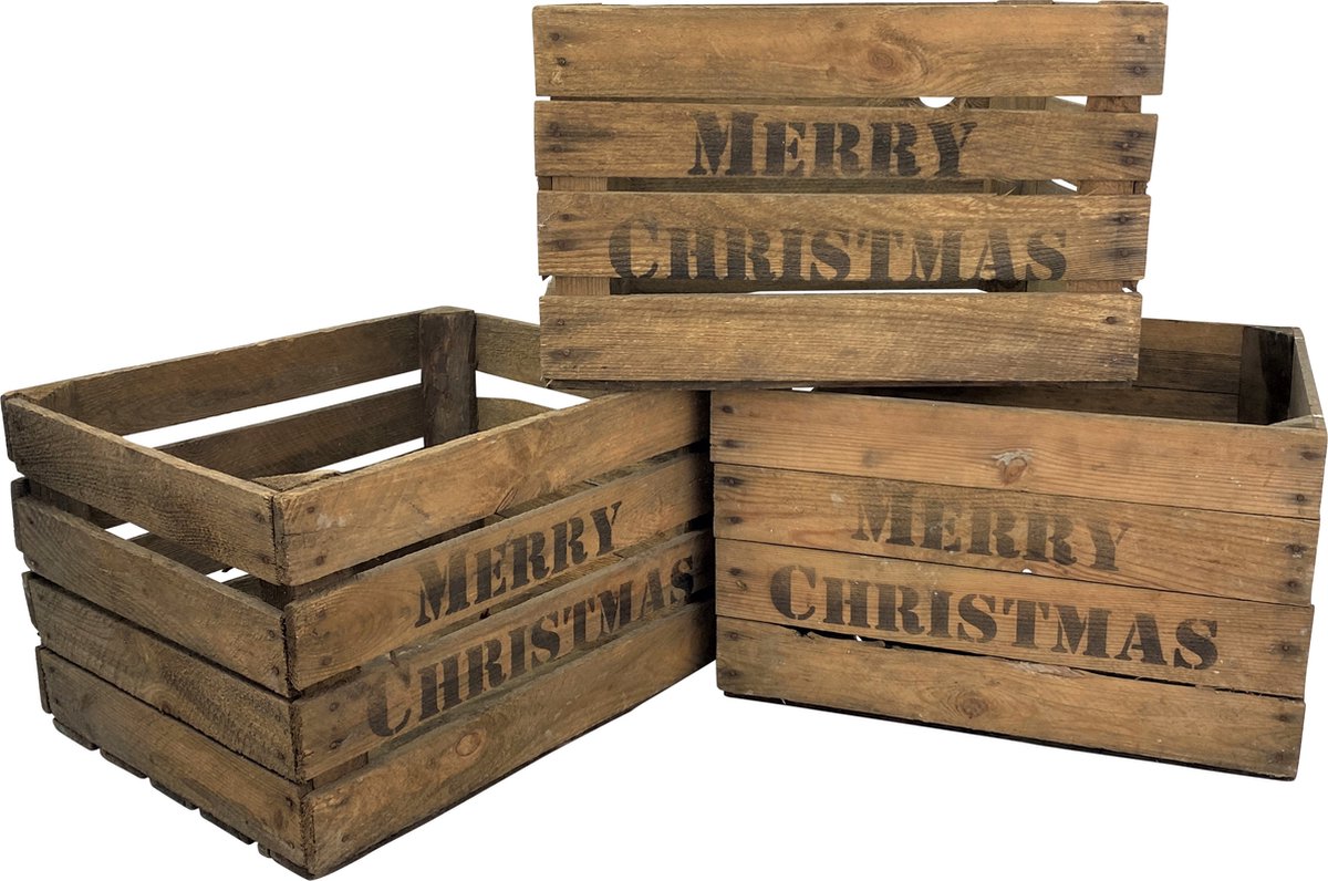 Houten krat - Fruitkist - Merry Christmas - Vintage - set van drie