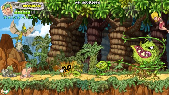 Joe in een jungle met planten en bomen, vecht tegen vleesetende planten. Game-interface met score en levens.