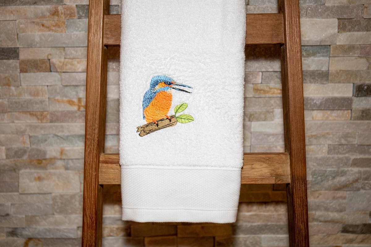 Geborduurde Handdoek - IJsvogel - Wit - 50 x 100cm