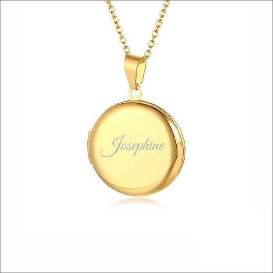 Goudkleurige ronde medaillonhanger met een subtiele gravure van de naam 'Josephine', hangend aan een bijpassende ketting.