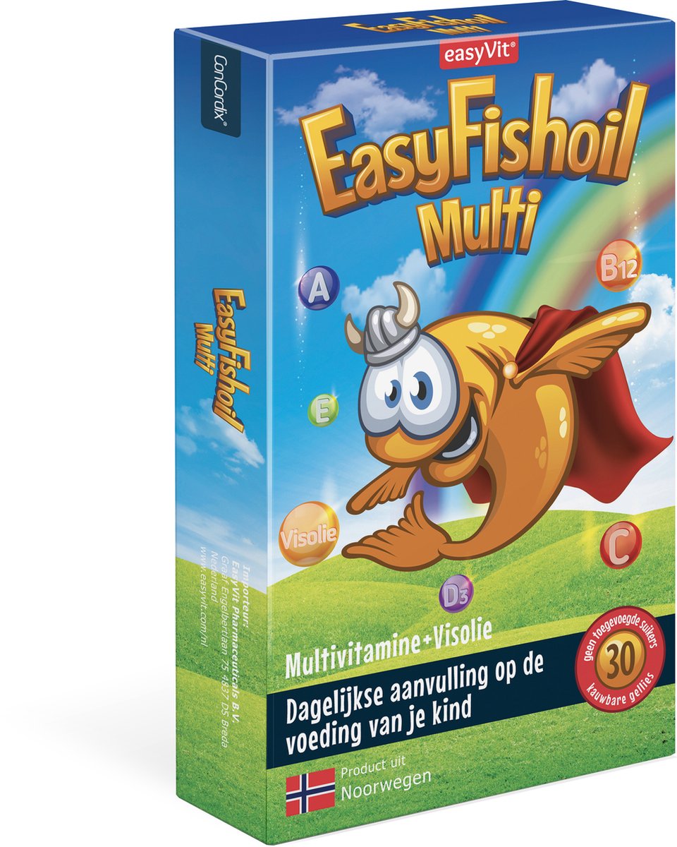 Goedkoopste Easyfishoil Multi Omega-3 visolie voedingssupplement met Choline, Foliumzuur, Biotine en 10 belangrijke vitaminen vitamine A, vitamine B12, B3, B6, vitamine C, vitamine D,. Zachte kauwgellies als dagelijkse aanvulling op de voeding van kinderen.