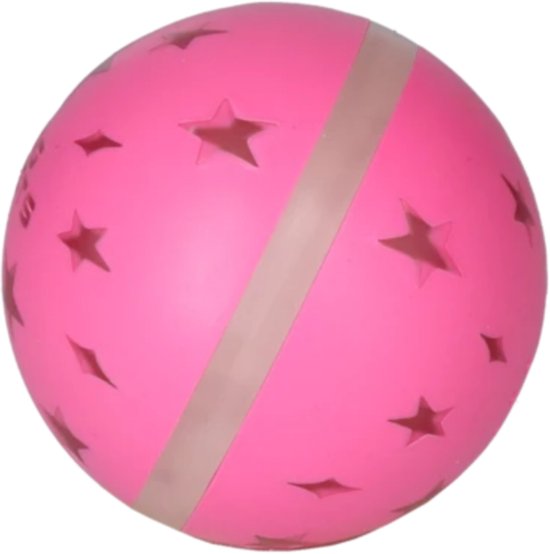 Roze Dog Comets bal met sterrenpatroon en een diagonale zilveren streep.