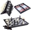 Afbeelding van het spelletje Schaakbord | Dambord | Backgammon | 32 x 32 cm | Schaakspel | Schaakset | Schaken | Dammen | Met Schaakstukken | 3-in-1 Bordspel | Chess | Plastic | Opklapbaar | Magnetisch