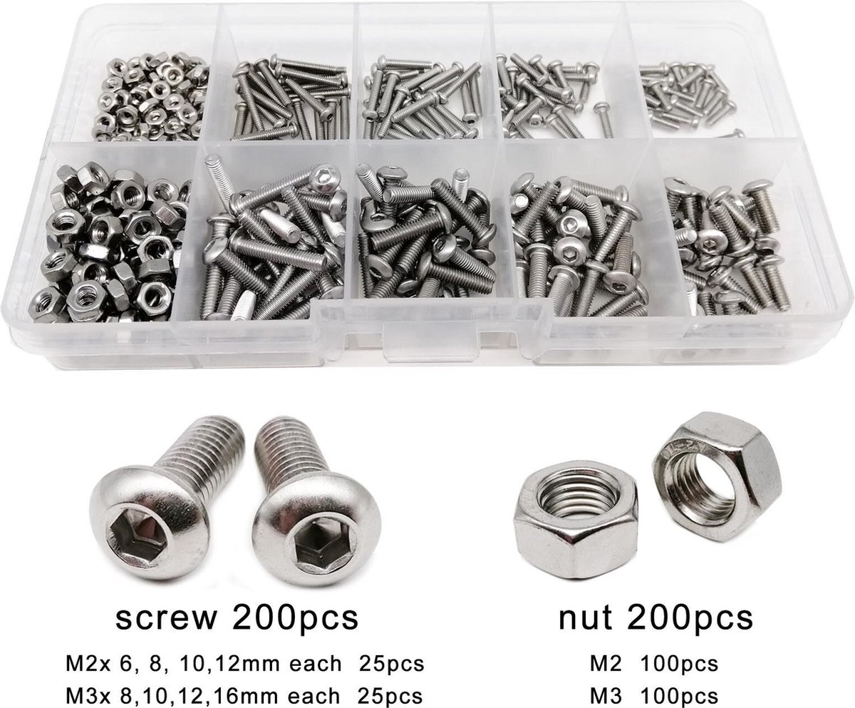 Set van 300 stuks, schroefdraadpennen, inbusschroeven, assortimentskit, M2,5, M3, M4, M5, M6, M8