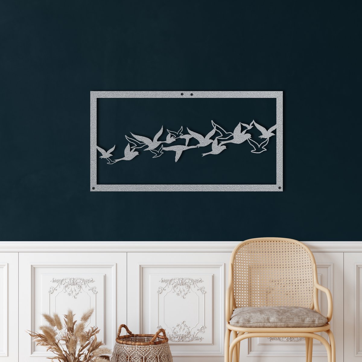 Wanddecoratie | Vogels / Birds | Metal - Wall Art | Muurdecoratie | Woonkamer | Buiten Decor |Zilver| 60x31cm