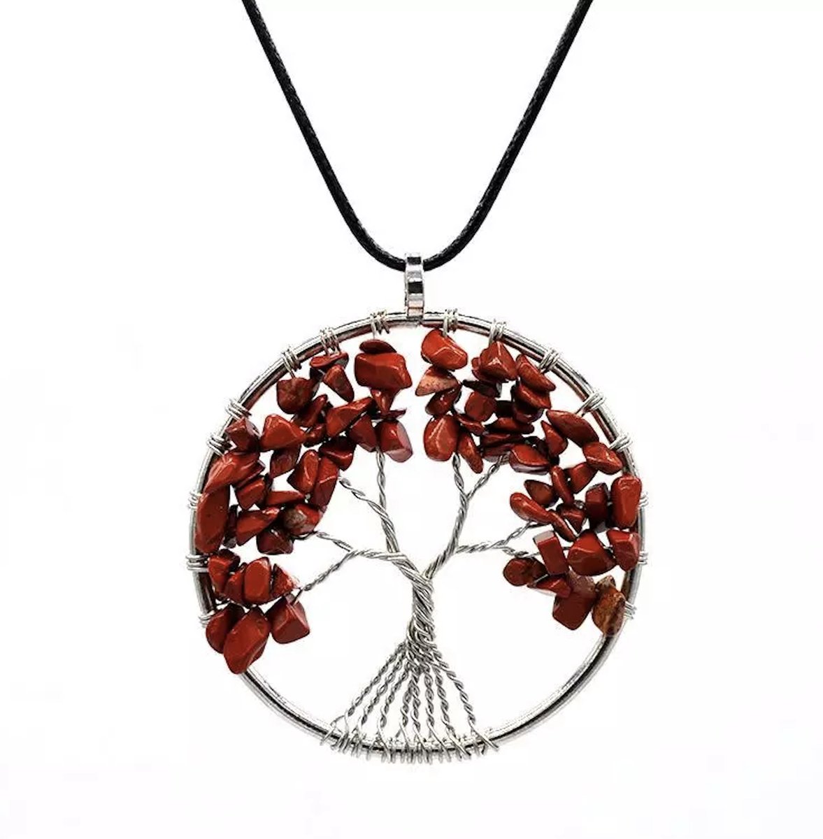 ASTRADAVI Kristal Tree of Life - Hanger - Levensboom Positieve Energie Hanger met Ketting - Chakra Kristal Edelstenen - Rood Bordeaux Kristallen met Zwart Vegan Lederen Koord - Cadeau Idee